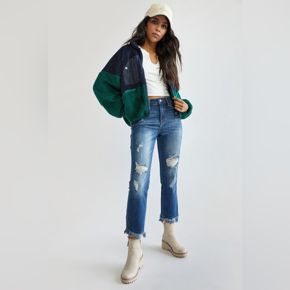 KARLINE COLORBLOCK ZIP FRONT TEDDY JACKET